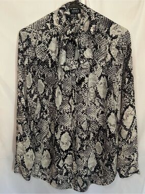 Jones New York Black and White Snake-Print Tie-Neck Blouse